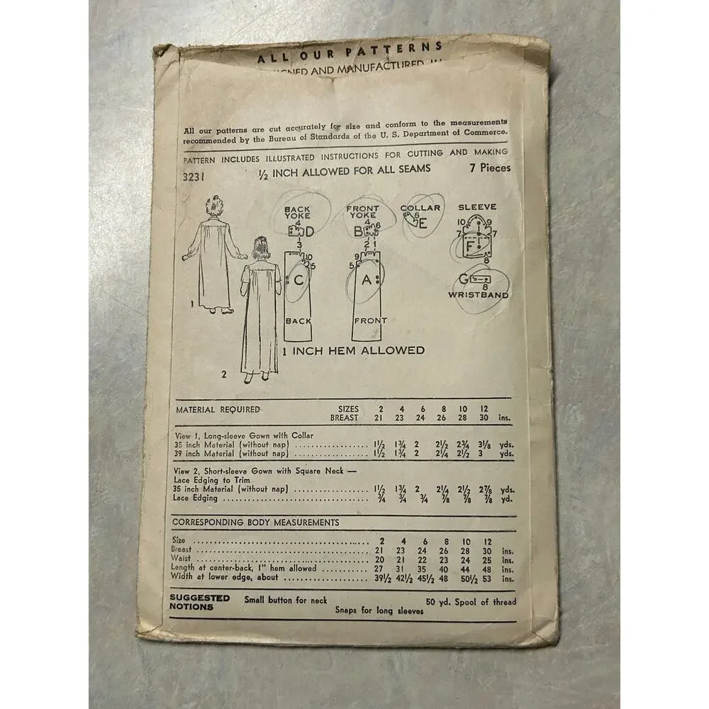 Vintage 1940's Advance Pattern #3231 Girls‎ Nightgown Size 4 HTF RARE